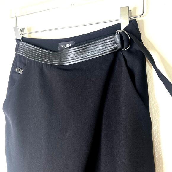 NUE 19.04 Black Crossover Slim Leg Pants Leather Waist Band Belted 34 XS Black - Picture 2 of 9